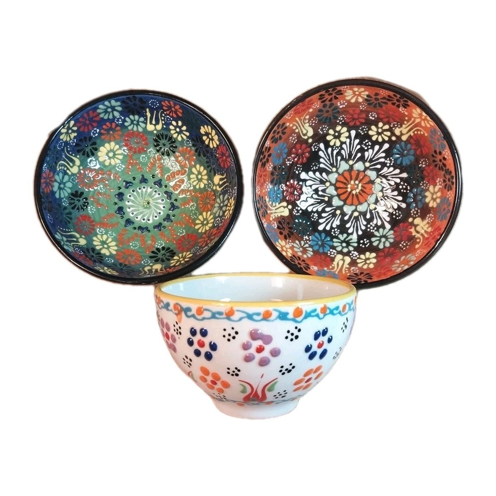 3 Turkish Ceramic Hand Painted Floral Dipping Spice Finger Dip Footed Pinch Bowl